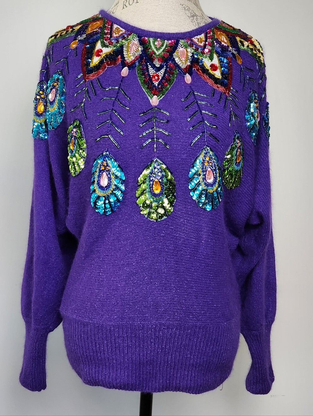 Vtg Purple Silk Sequin Knit Sweater